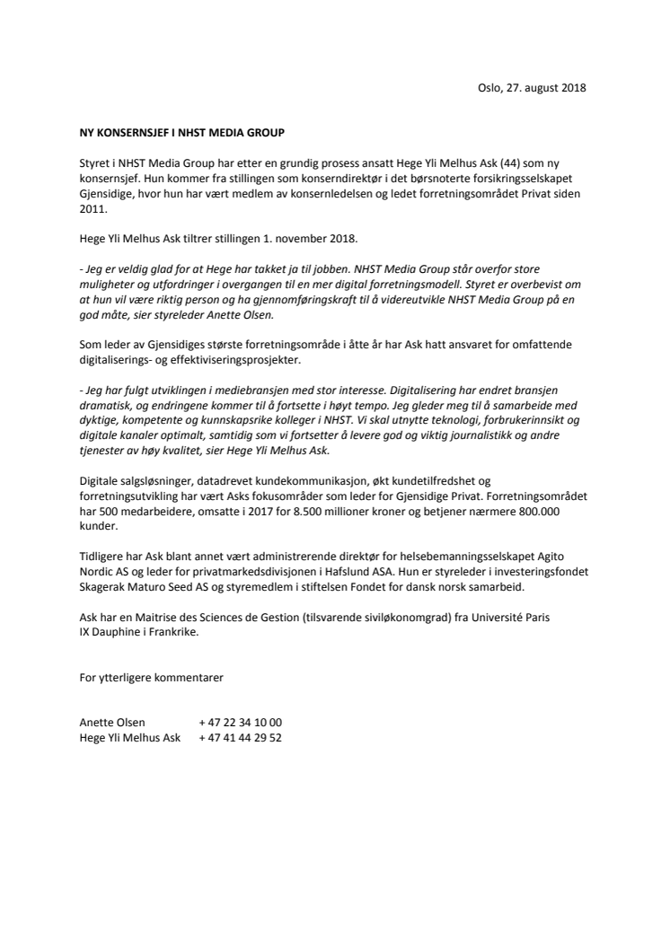 Ny konsernsjef i NHST Media Group