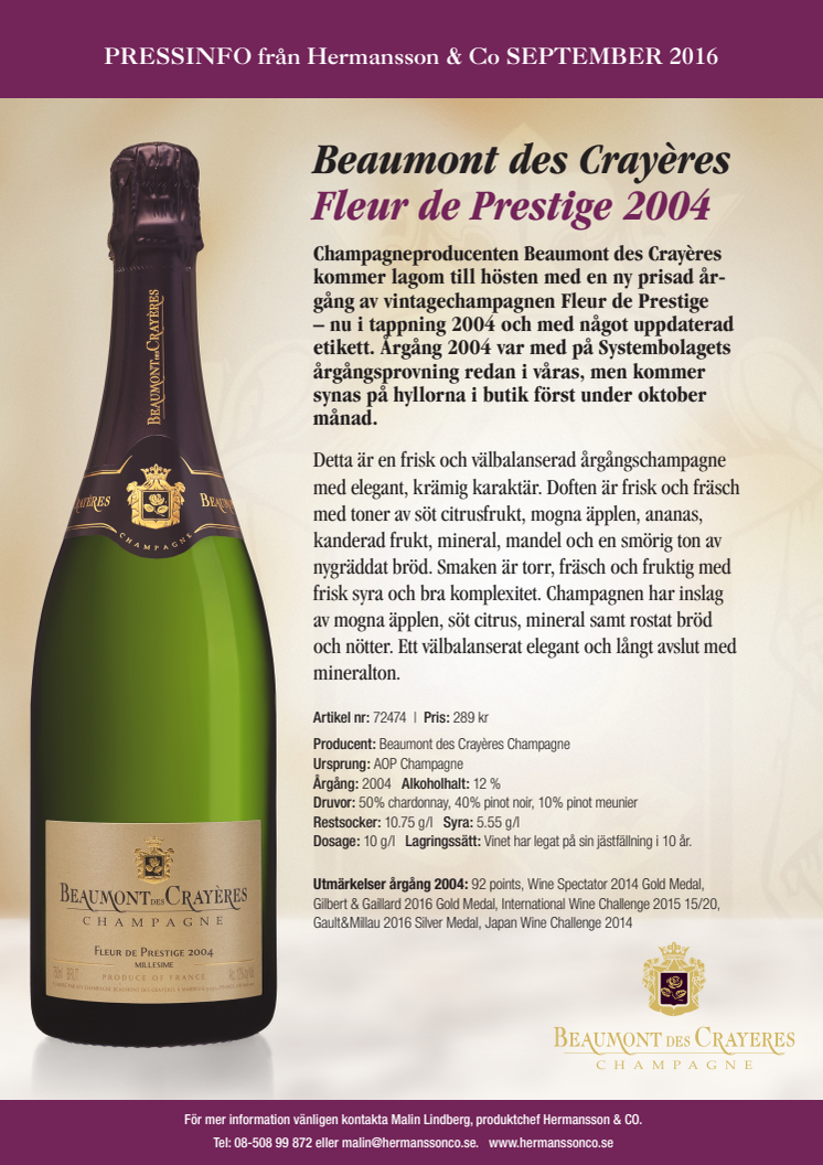 Ny prisad årgång av vintagechampagnen Beaumont des Crayères Fleur de Prestige!