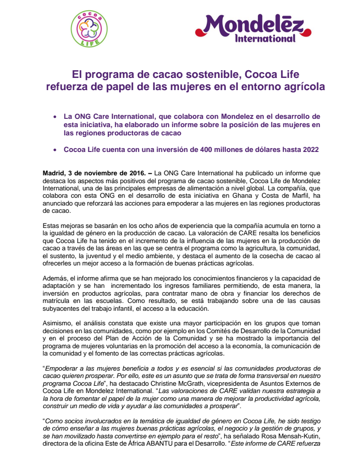 El programa de cacao sostenible, Cocoa Life refuerza de papel de las mujeres en el entorno agrícola