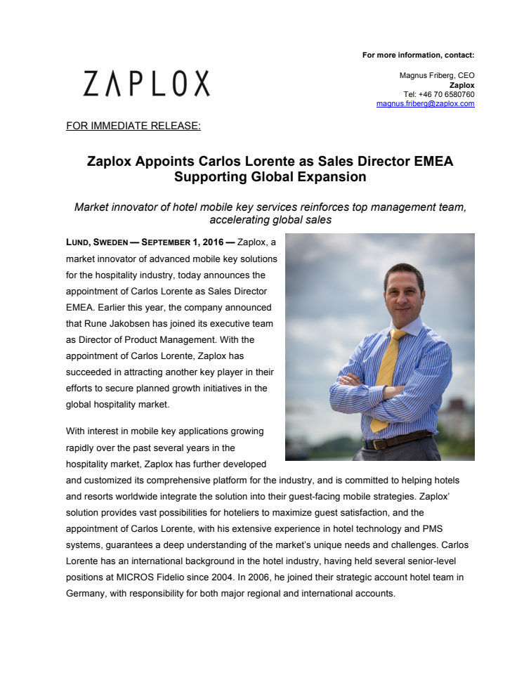 Zaplox Appoints Carlos Lorente as Sales Director EMEA Supporting Global Expansion 