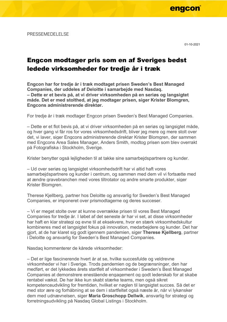011021_Press_Engcon modtager pris som en af Sveriges bedst ledede virksomheder for tredje år i træk