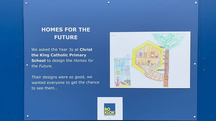 Designs from the pupils at Christ the King Catholic Primary School on the hoarding to the development BoKlok on the Brook in Bristol.