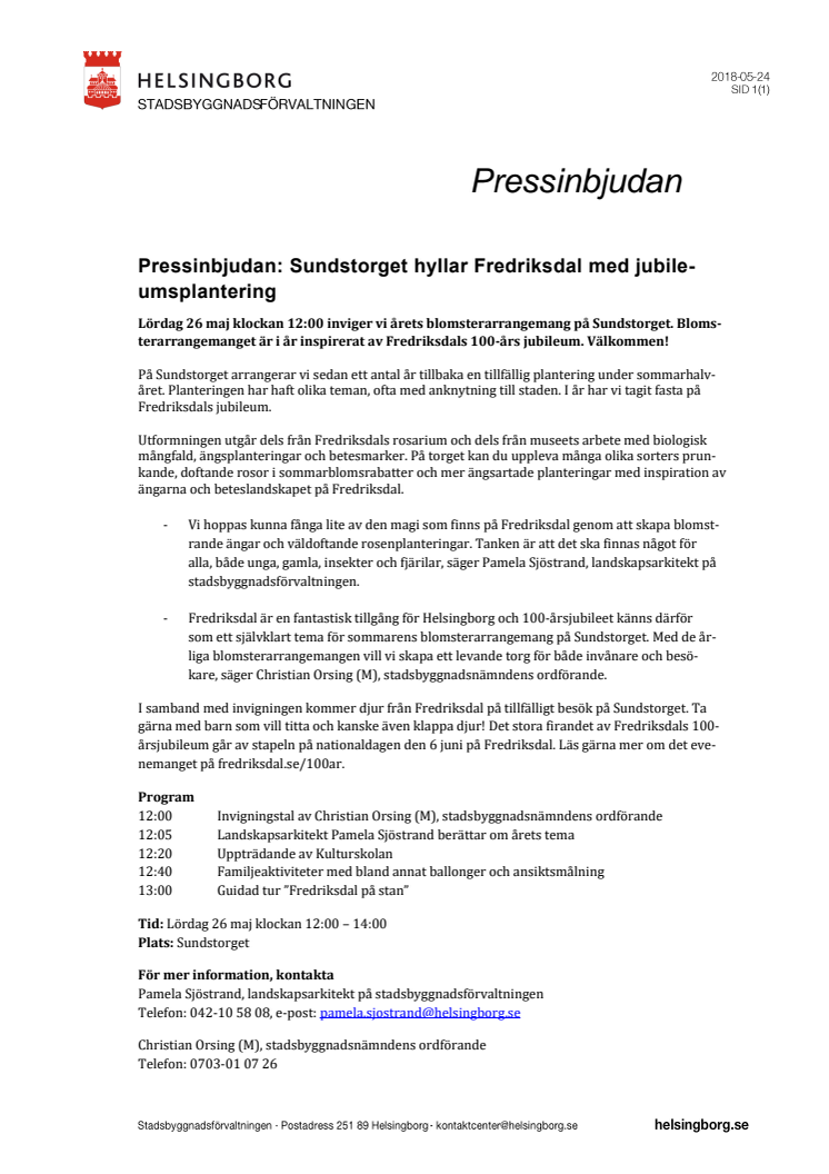 Pressinbjudan: Sundstorget hyllar Fredriksdal med jubileumsplantering