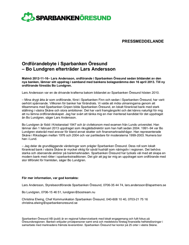 Ordförandebyte i Sparbanken Öresund  – Bo Lundgren efterträder Lars Andersson 