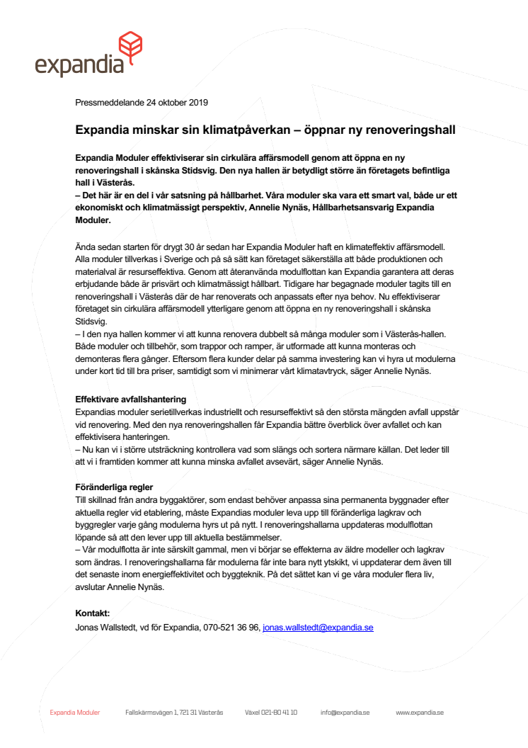 Expandia minskar sin klimatpåverkan – öppnar ny renoveringshall 