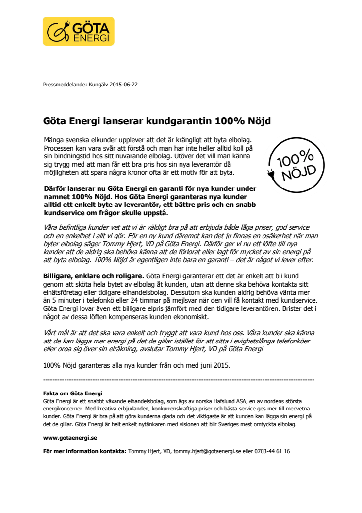 Göta Energi lanserar kundgarantin 100% Nöjd