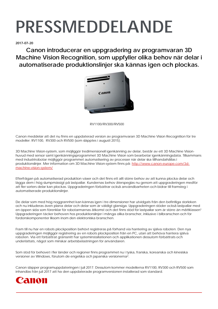 Uppgradering av programvaran 3D Machine Vision Recognition