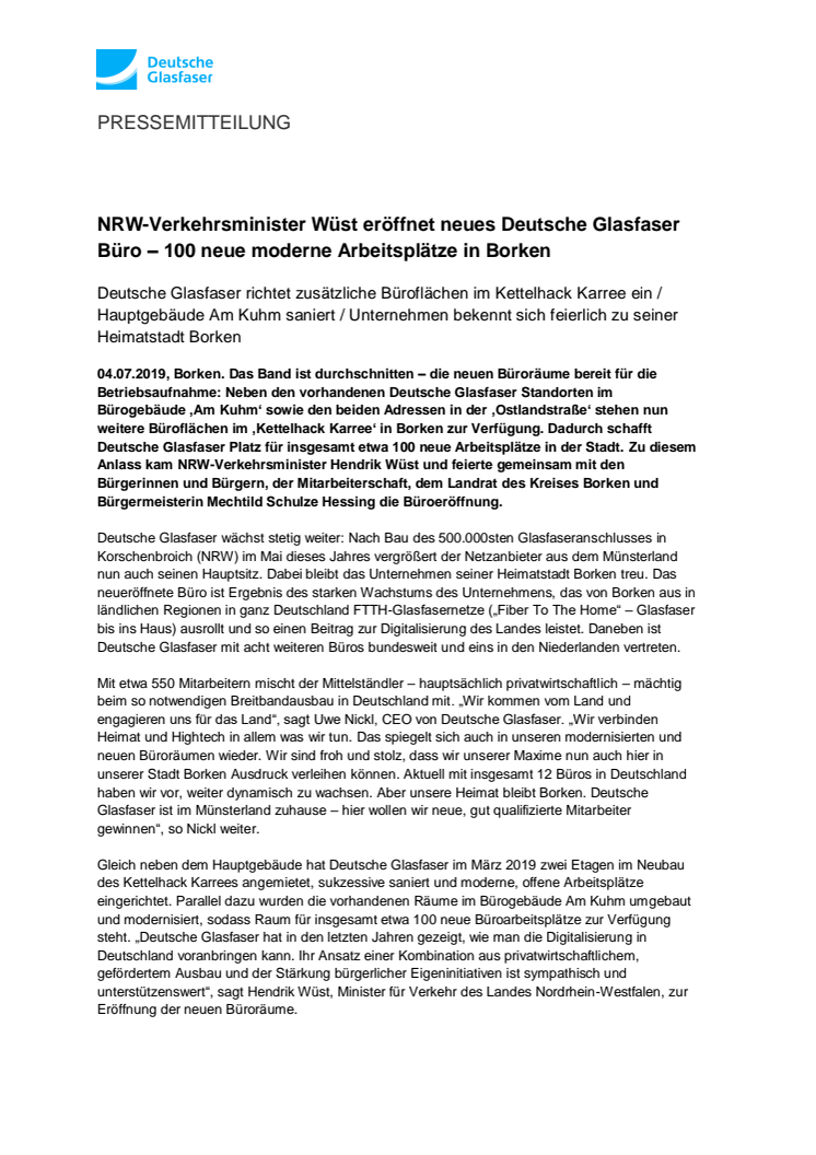 NRW-Verkehrsminister Wüst eröffnet neues Deutsche Glasfaser Büro – 100 neue moderne Arbeitsplätze in Borken