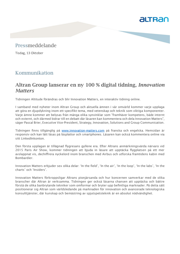 Altran Group lanserar en ny 100 % digital tidning, Innovation Matters 