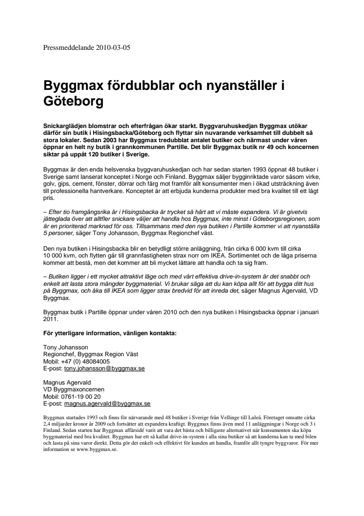 Byggmax fördubblar och nyanställer i Göteborg