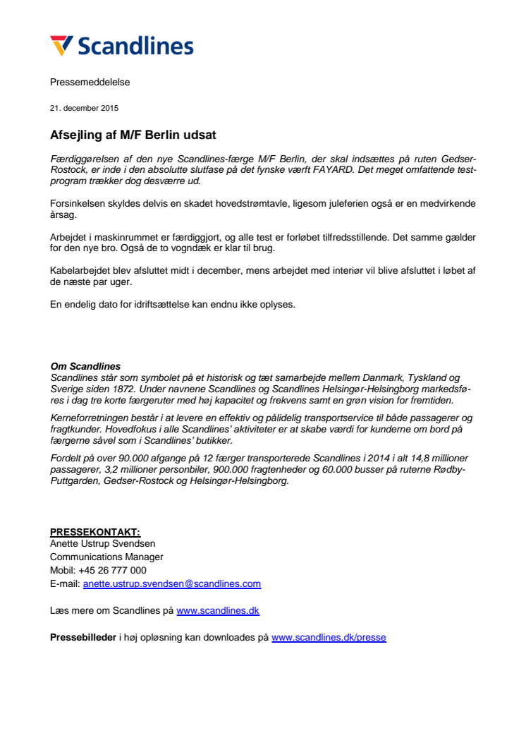 Afsejling af M/F Berlin udsat