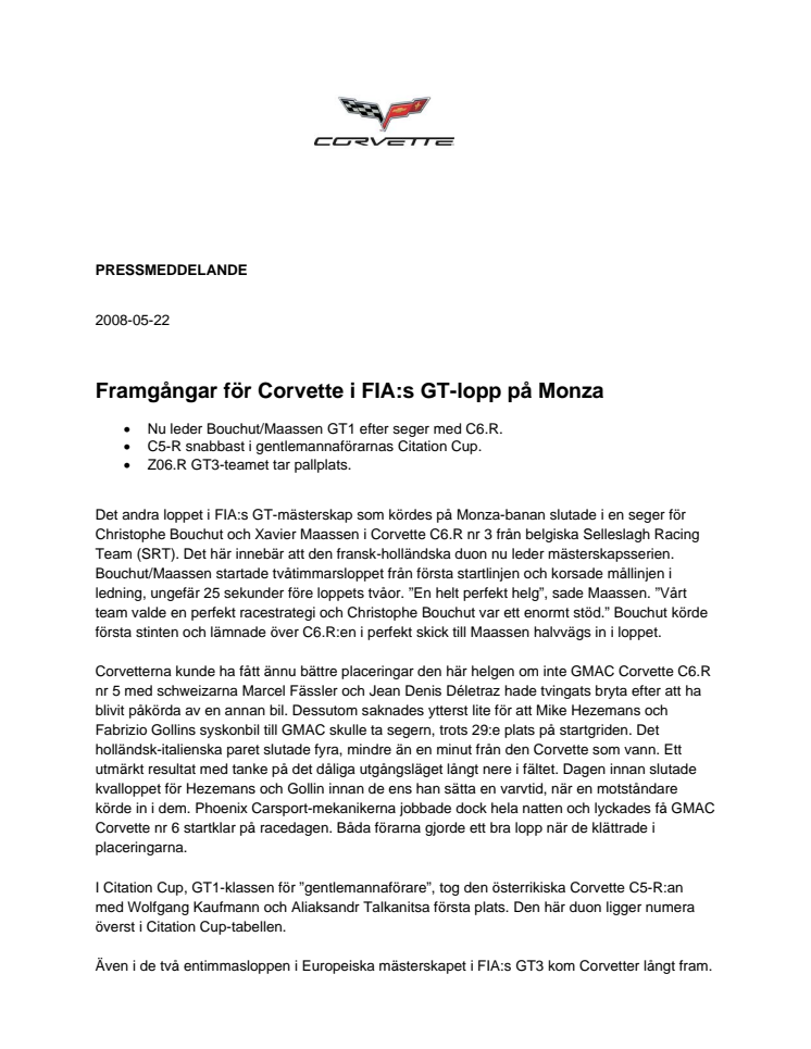 Framgångar för Corvette i FIA:s GT-lopp på Monza