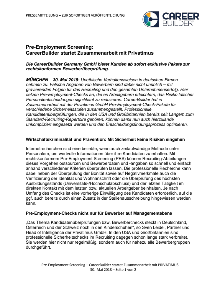 Pre-Employment Screening: CareerBuilder startet Zusammenarbeit mit Privatimus