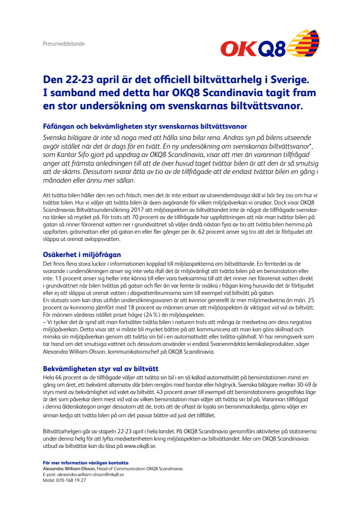 Den 22-23 april är det officiell biltvättarhelg i Sverige. I samband med detta har OKQ8 Scandinavia tagit fram en stor undersökning om svenskarnas biltvättsvanor.