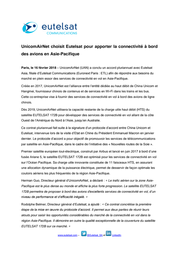 UnicomAirNet choisit Eutelsat pour apporter la connectivité à bord des avions en Asie-Pacifique