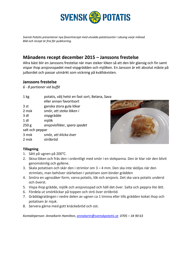 Månadens recept december - Janssons Frestelse