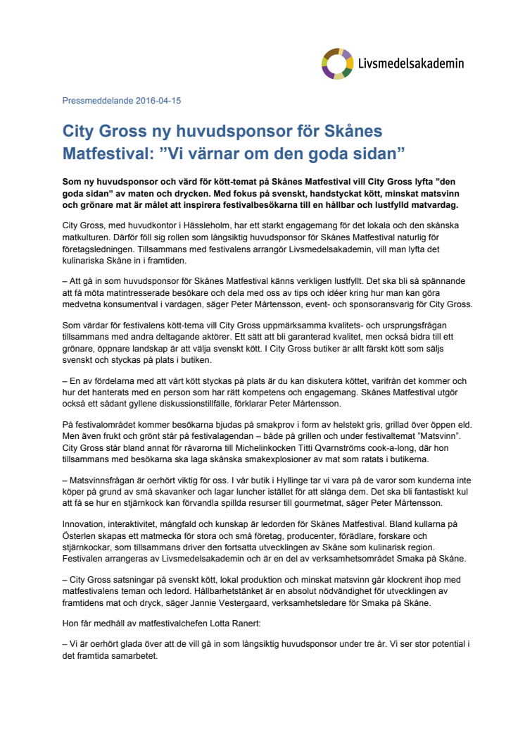 City Gross ny huvudsponsor för Skånes Matfestival: ”Vi värnar om den goda sidan” 