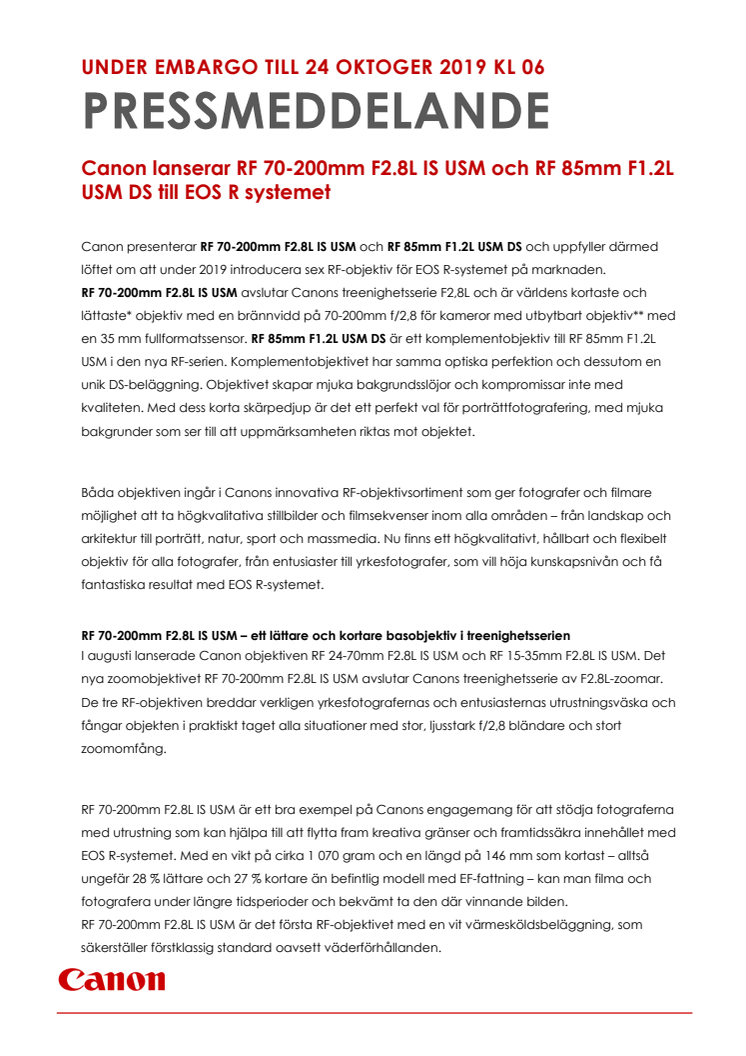 Canon lanserar RF 70-200mm F2.8L IS USM och RF 85mm F1.2L USM DS till EOS R systemet