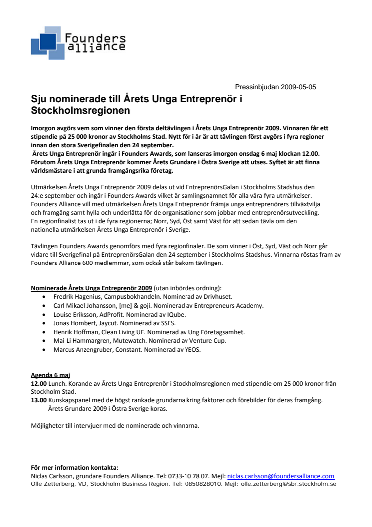 Sju nominerade till Årets Unga Entreprenör i Stockholmsregionen