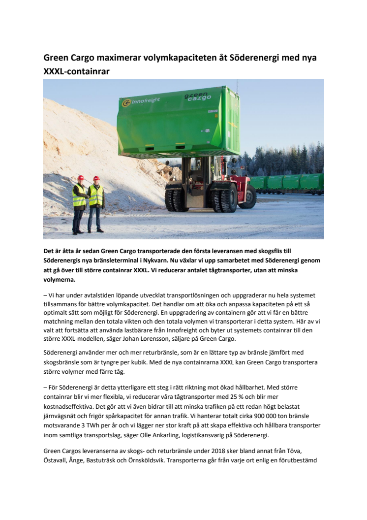 Green Cargo maximerar volymkapaciteten åt Söderenergi med nya XXXL-containrar