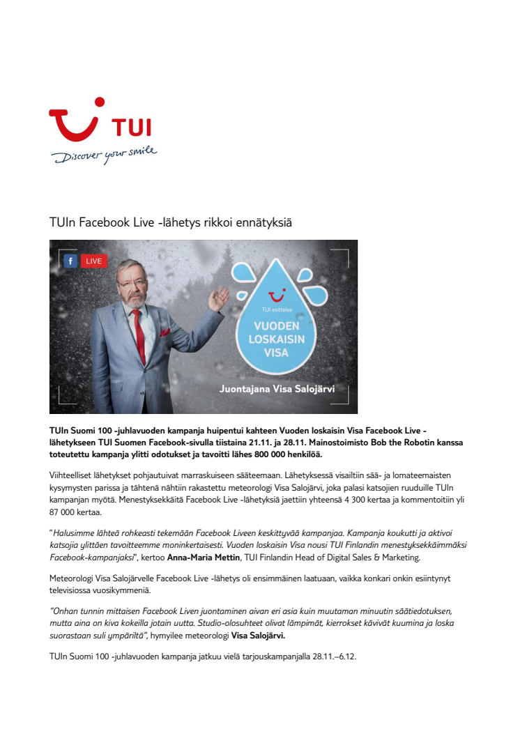 TUIn Facebook Live -lähetys rikkoi ennätyksiä