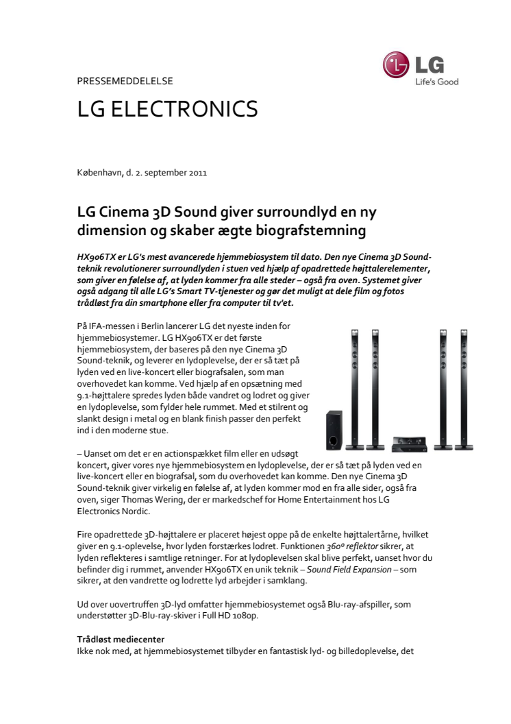 LG Cinema 3D Sound giver surroundlyd en ny dimension og skaber ægte biografstemning 