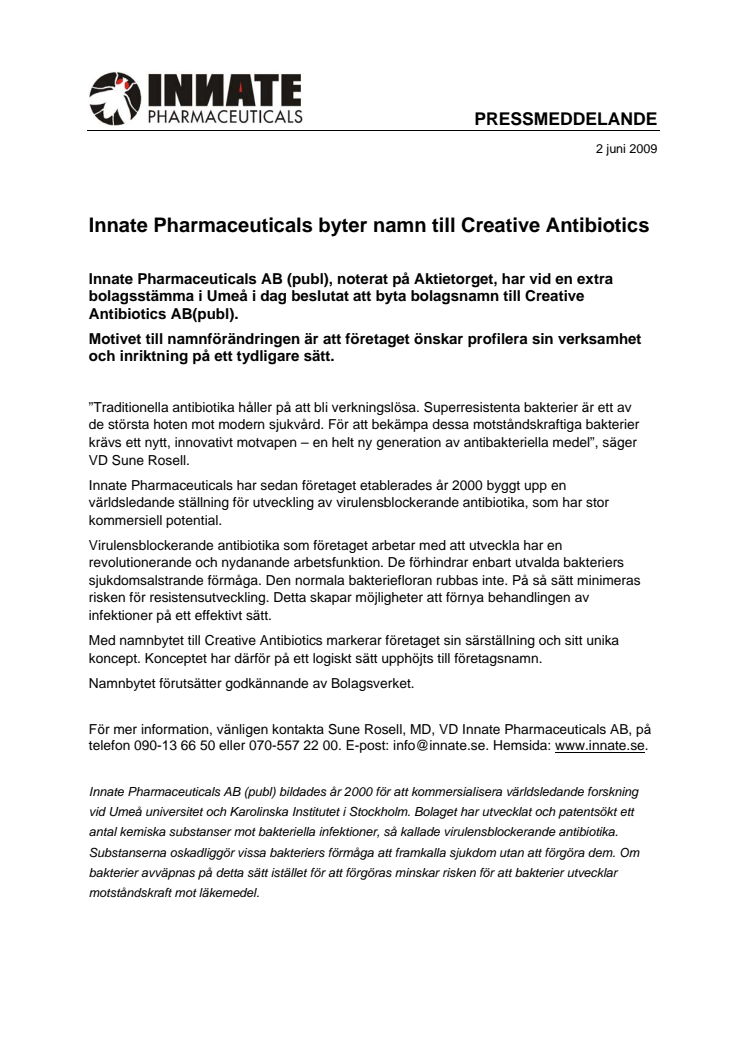 Innate Pharmaceuticals byter namn till Creative Antibiotics