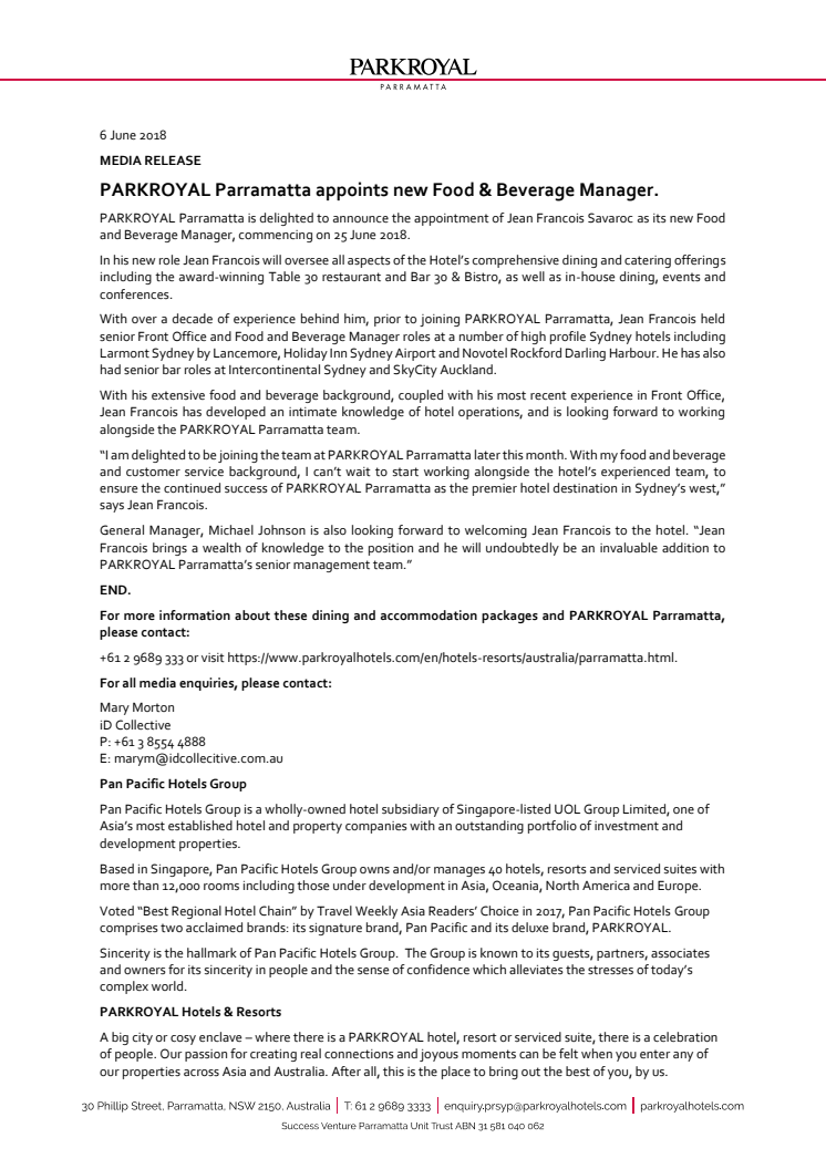 PARKROYAL Parramatta Appoints New Food & Beverage Manager