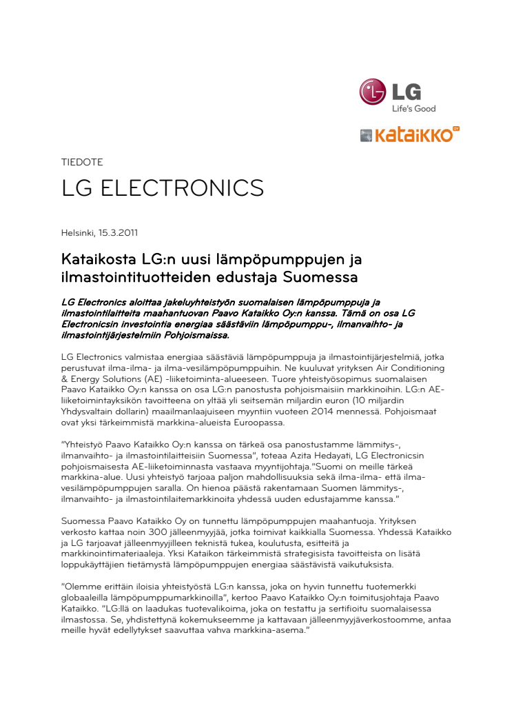 Kataikosta LG:n uusi lämpöpumppujen ja ilmastointituotteiden edustaja Suomessa