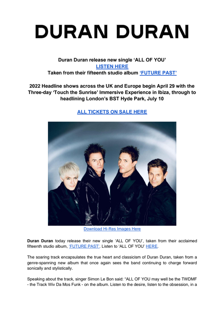 Duran Duran "ALL OF YOU" - engelsk pressrelease