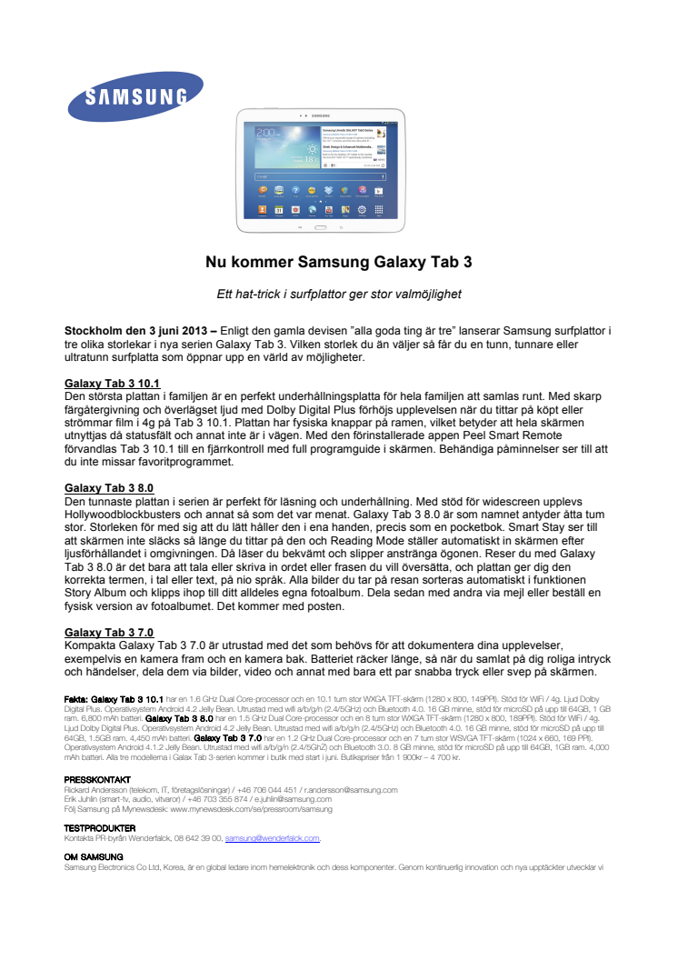 Nu kommer Samsung Galaxy Tab 3 - Ett hat-trick i surfplattor ger stor valmöjlighet