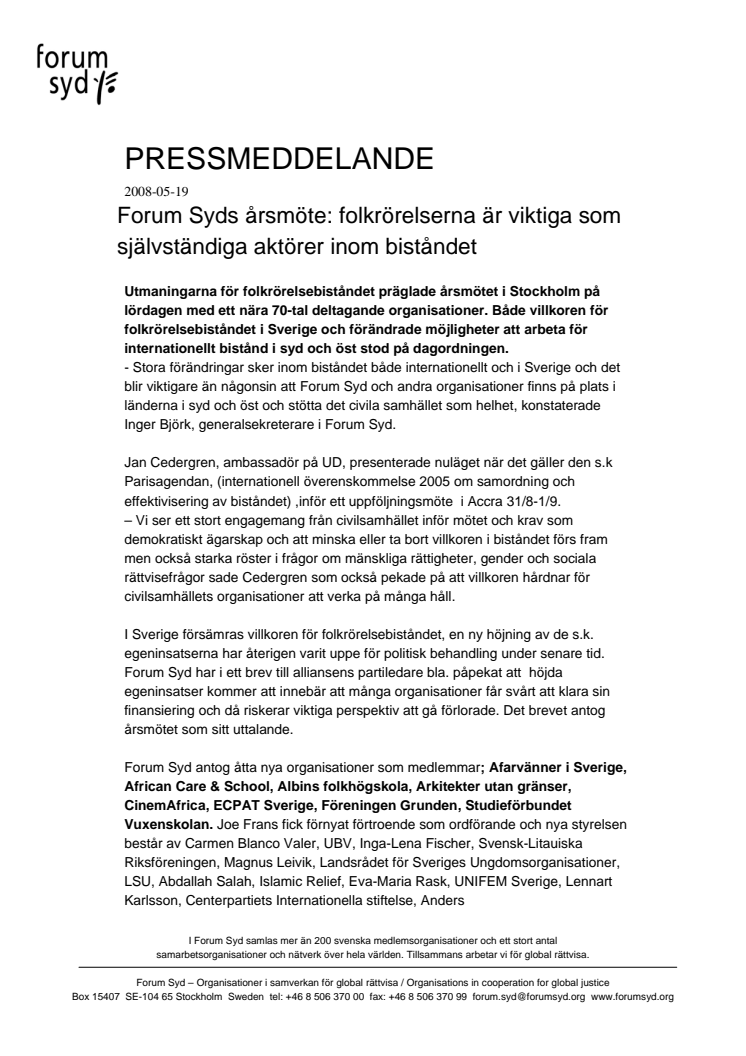 Forum Syds årsmöte: folkrörelserna är viktiga som självständiga aktörer inom biståndet