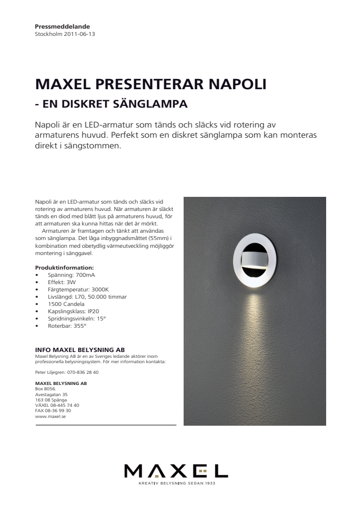 Maxel presenterar Napoli, en diskret sänglampa