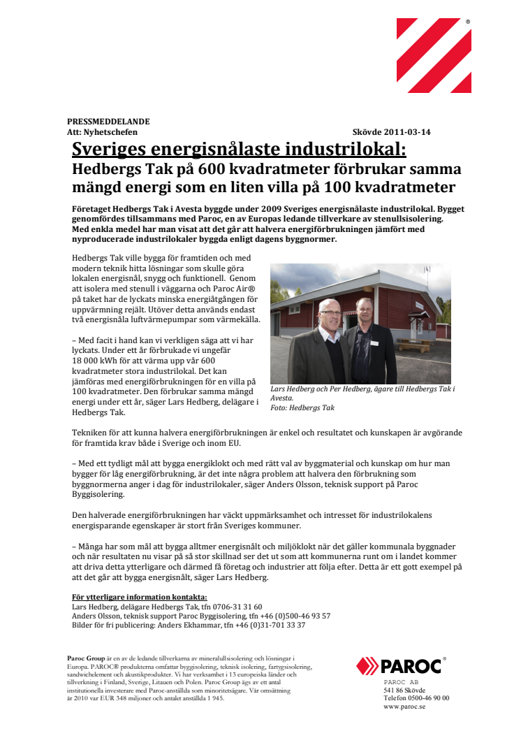 Sveriges energisnålaste industrilokal: Hedbergs Tak på 600 kvadratmeter förbrukar samma mängd energi som en liten villa på 100 kvadratmeter 