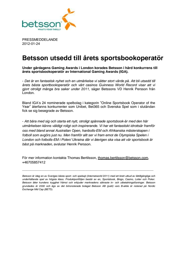 Betsson utsedd till årets sportsbookoperatör