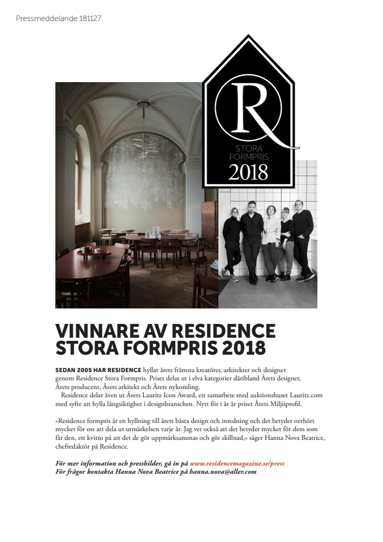 Vinnare av Residence Stora Formpris 2018