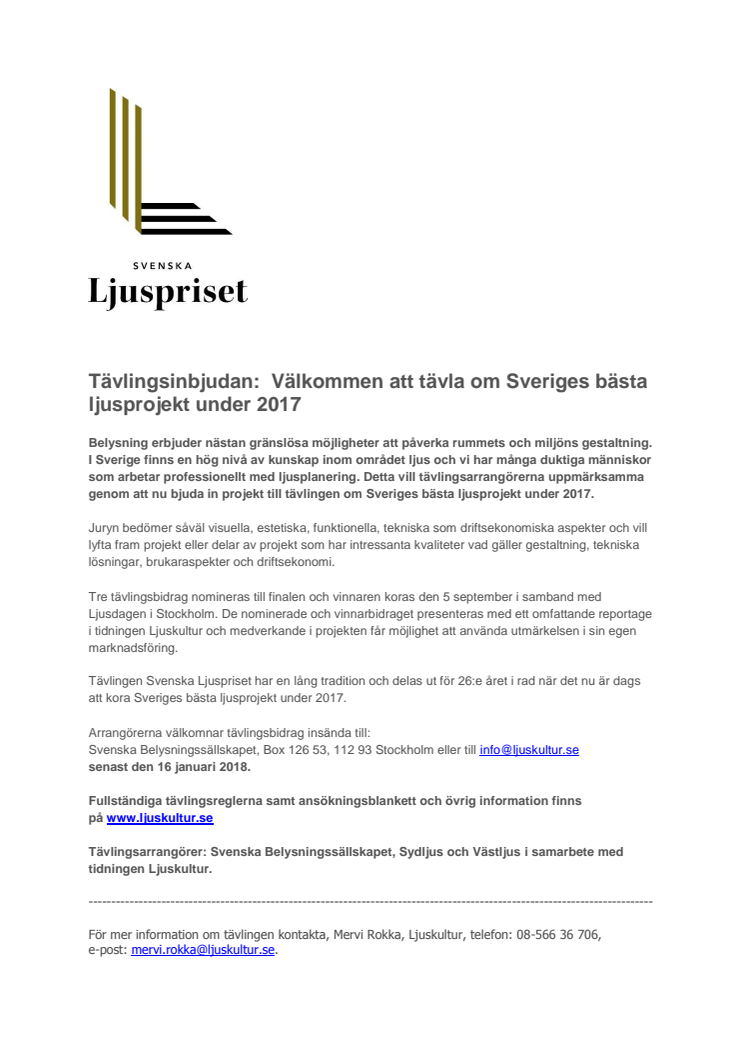 Tävlingsinbjudan:  Välkommen att tävla om Sveriges bästa ljusprojekt under 2017