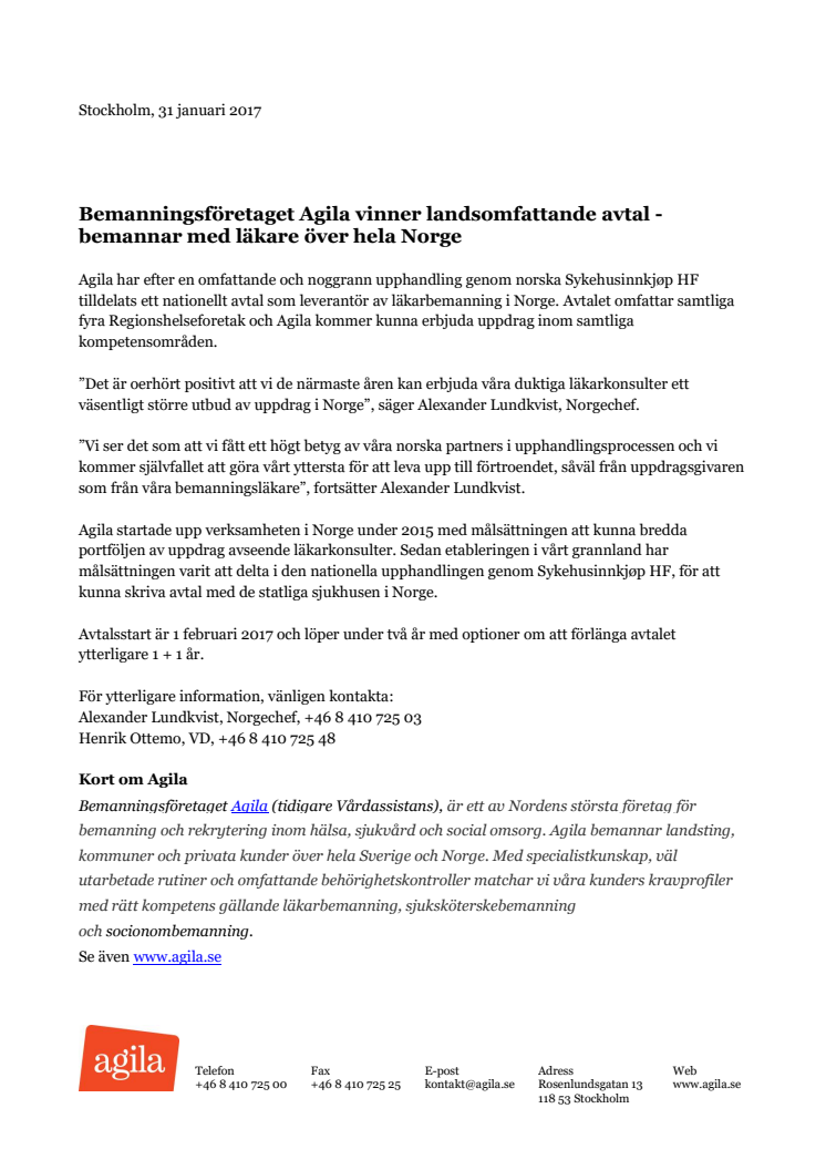 Bemanningsföretaget Agila vinner landsomfattande avtal - bemannar med läkare över hela Norge