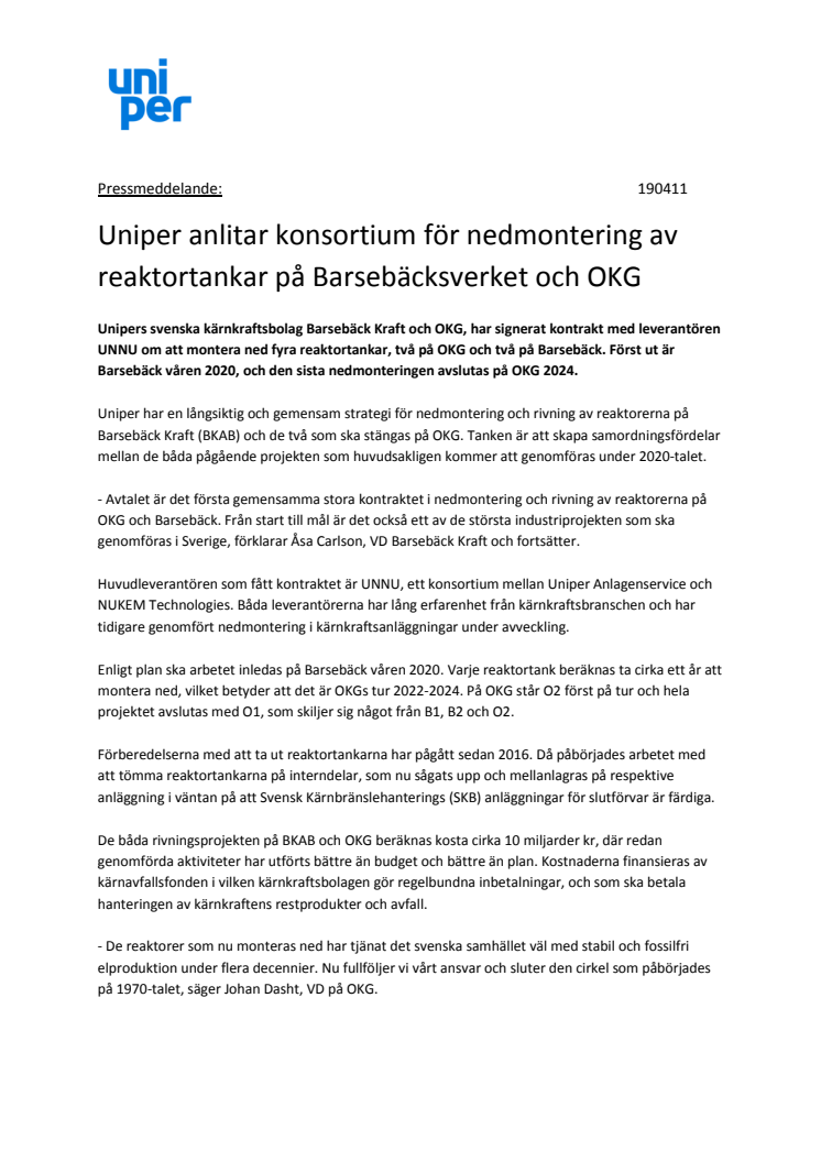 Uniper anlitar konsortium för nedmontering av reaktortankar på Barsebäcksverket och OKG  