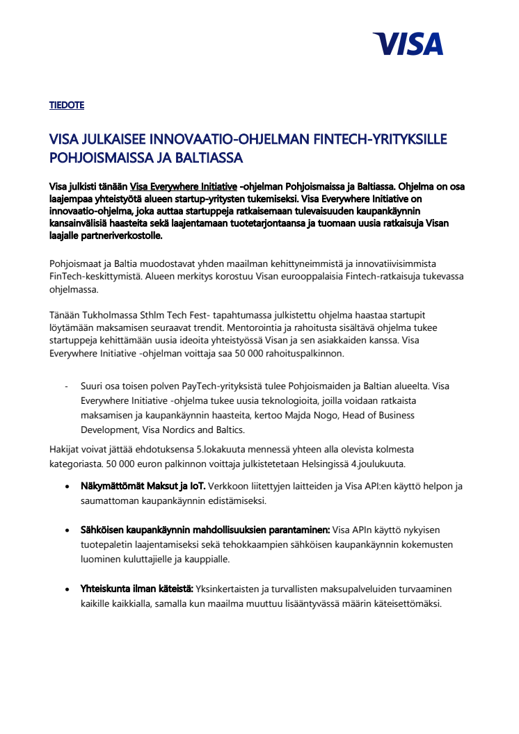 VISA JULKAISEE INNOVAATIO-OHJELMAN FINTECH-YRITYKSILLE POHJOISMAISSA JA BALTIASSA 