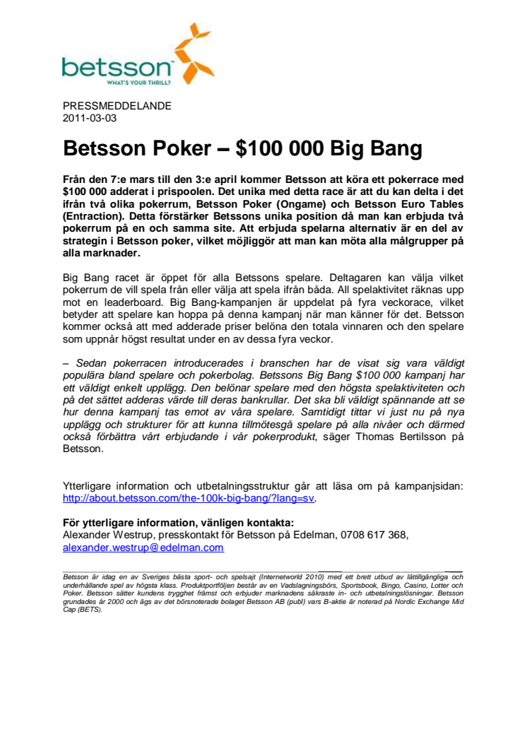 Betsson Poker – $100 000 Big Bang