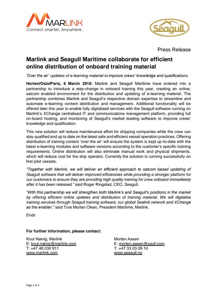 Marlink and Seagull Maritime collaborate for efficient online distribution of onboard training material 