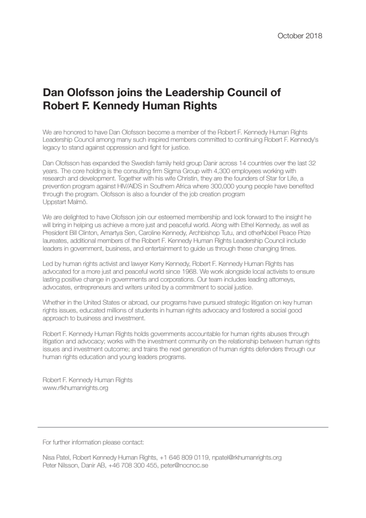 Dan Olofsson joins the Leadership Council of Robert F. Kennedy Human Rights
