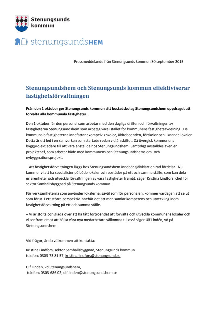 Stenungsundshem och Stenungsunds kommun effektiviserar fastighetsförvaltningen