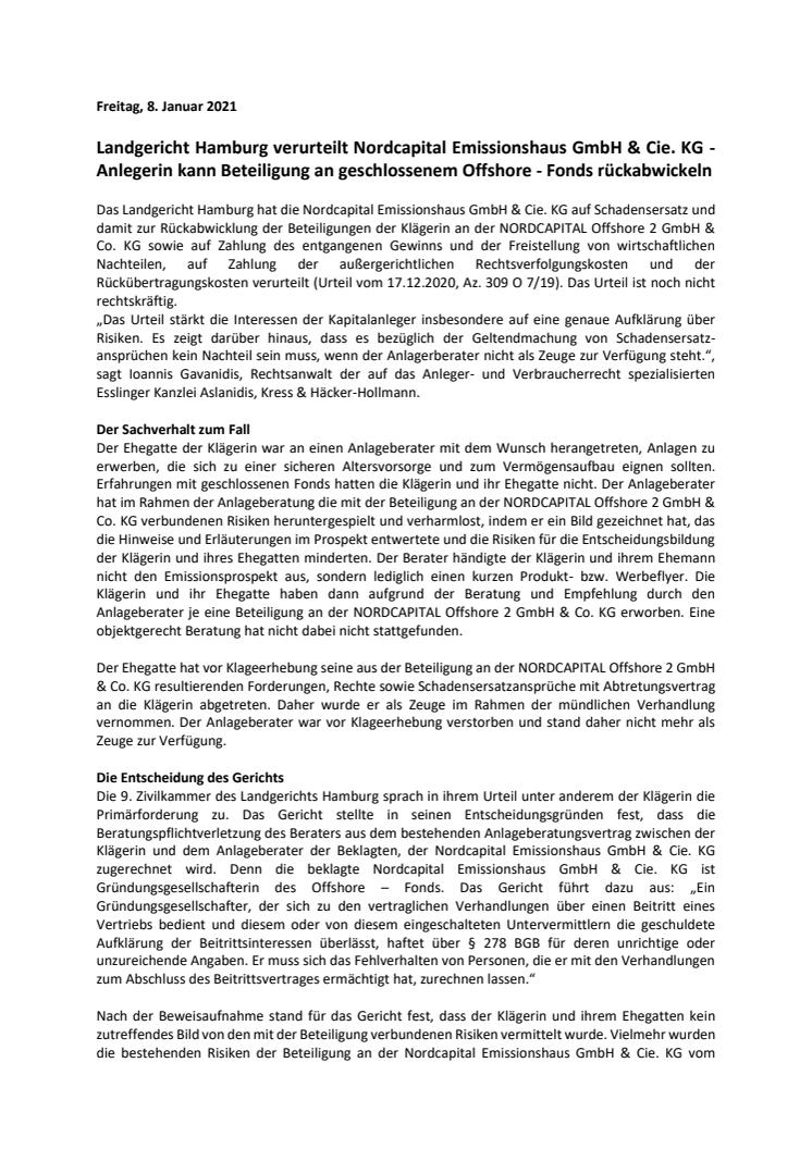 Landgericht Hamburg verurteilt Nordcapital Emissionshaus GmbH & Cie. KG - Anlegerin kann Beteiligung an geschlossenem Offshore - Fonds rückabwickeln 