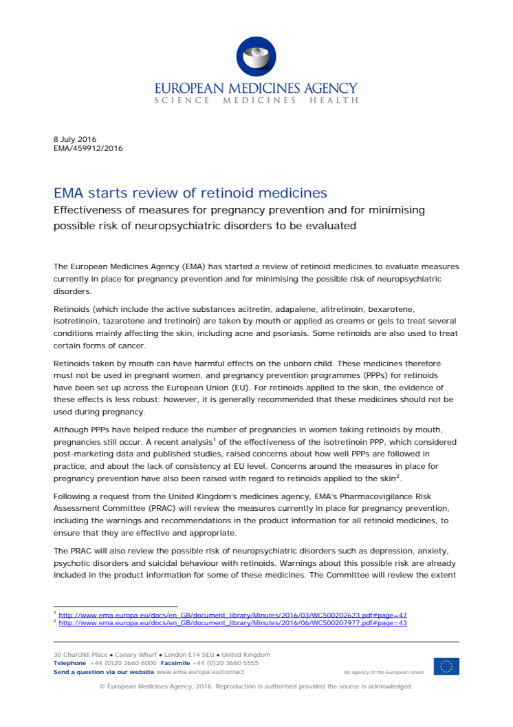 EMA starts review of retinoid medicines