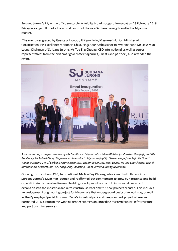 Surbana Jurong holds brand inauguration event in Myanmar