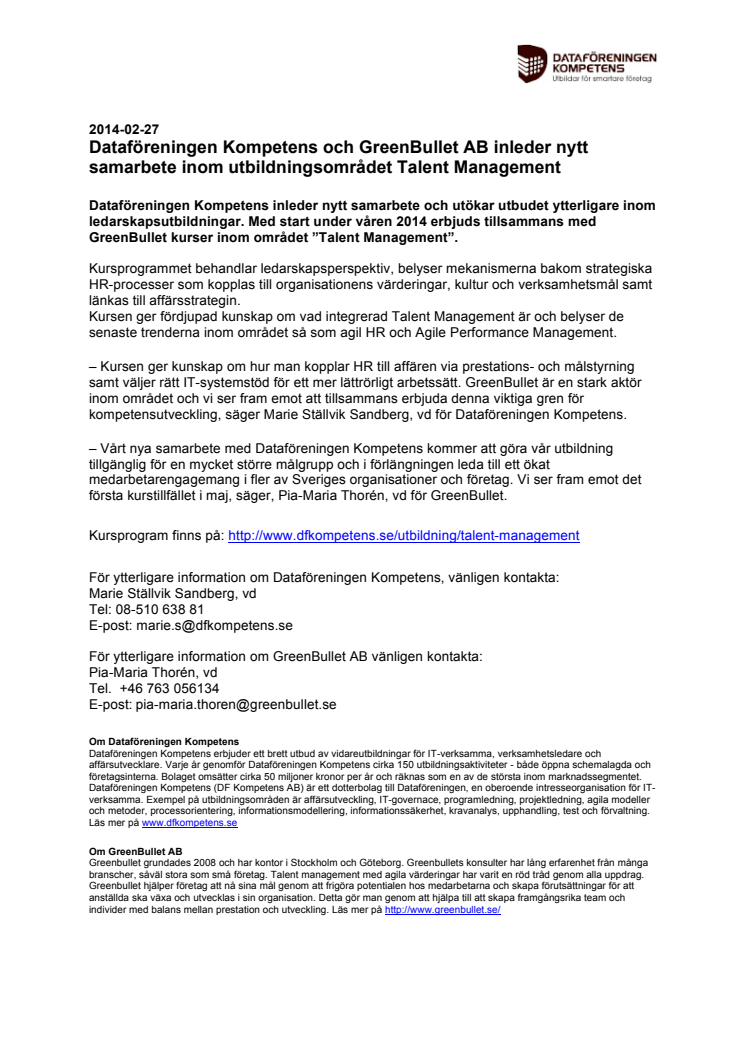Dataföreningen Kompetens och GreenBullet AB inleder nytt samarbete inom utbildningsområdet Talent Management