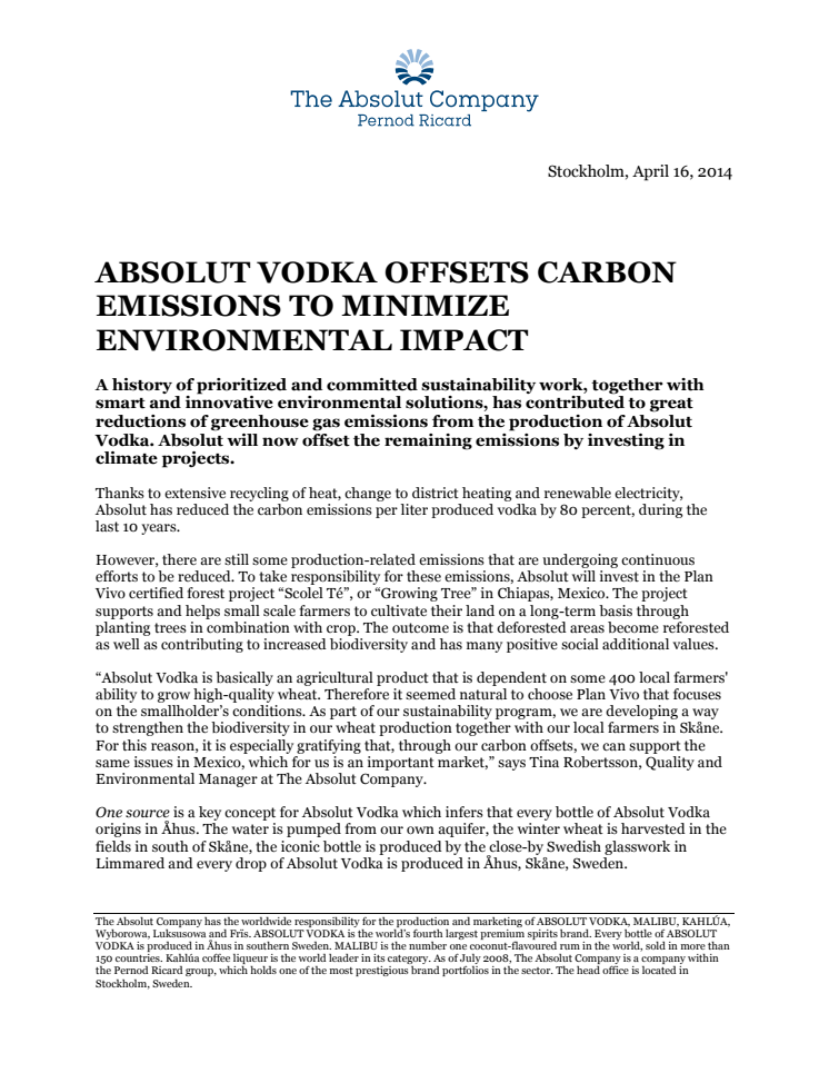 ABSOLUT VODKA OFFSETS CARBON EMISSIONS TO MINIMIZE ENVIRONMENTAL IMPACT