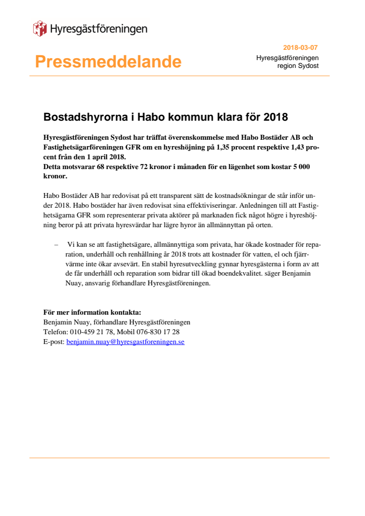 Bostadshyrorna i Habo kommun klara för 2018